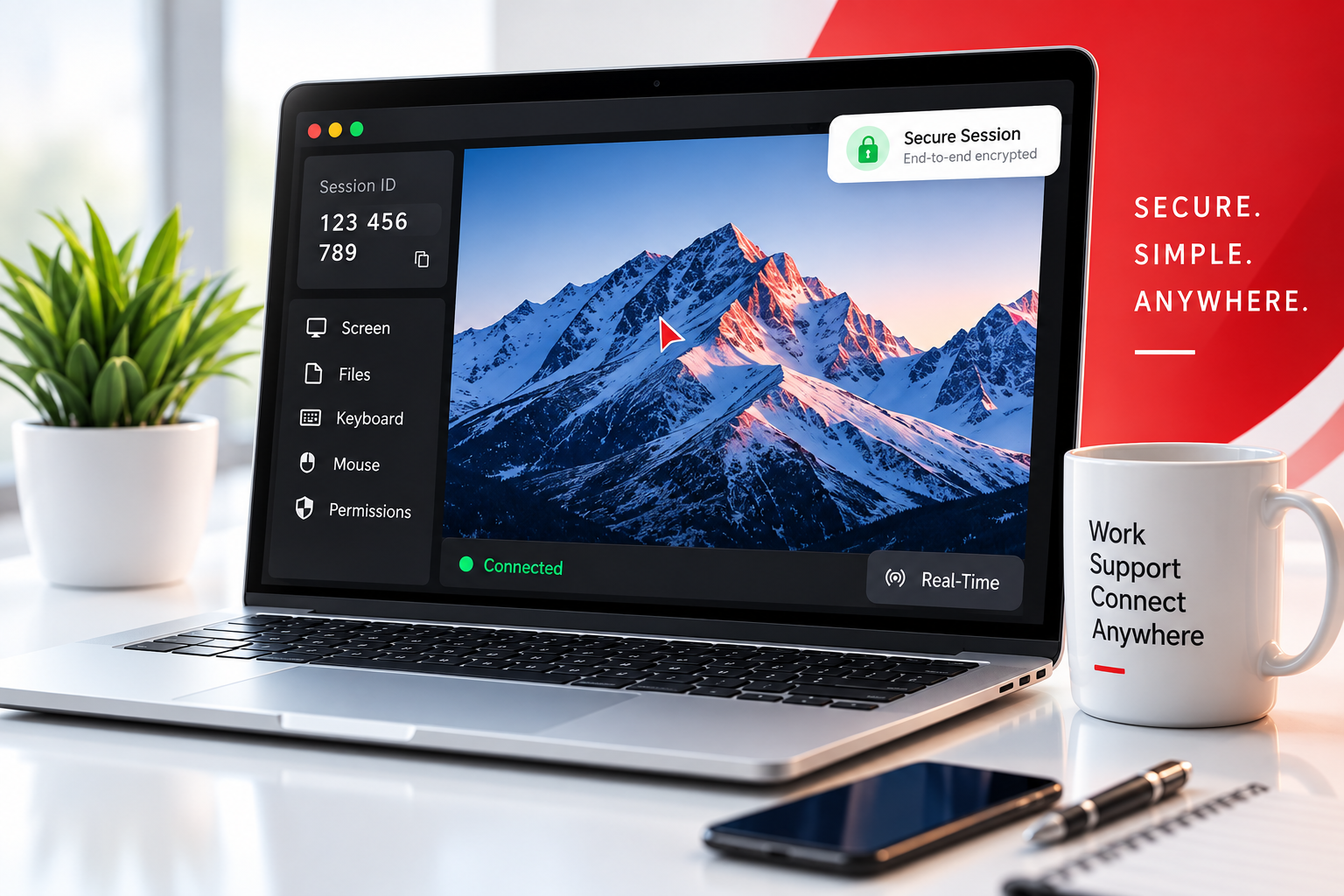 ZayroDesk running on a laptop — session ID panel, permission controls, and real-time screen sharing
